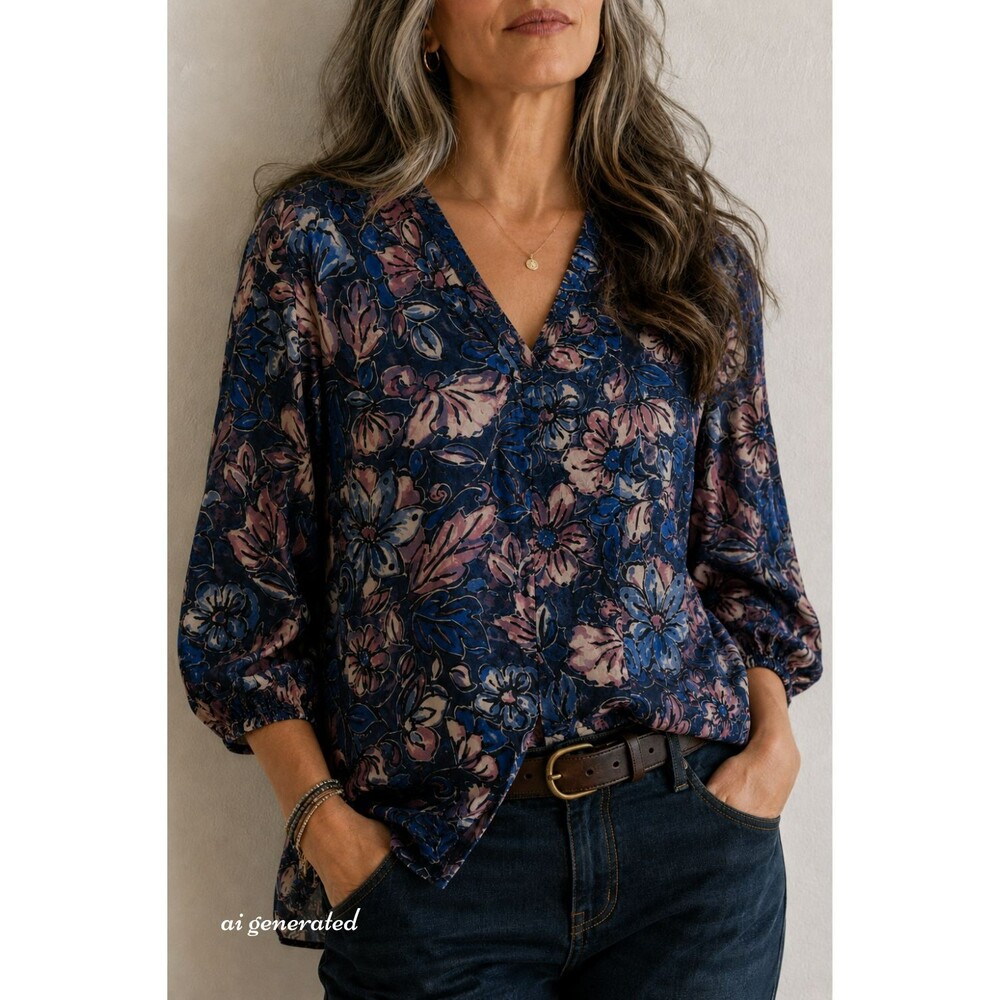 Jones New York Size Large L VNeck Floral Leaves Patter Long Sleeves Underslip
